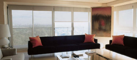 (f) Louvolite System 40 Custom Roller Shade with Phifer WeaveSheerWeave Sun Control Solar Fabric Style 2410 - 3% Open