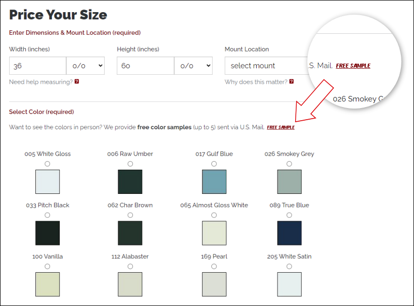Click on FREE SAMPLE on any product page to select color samples you would like sent to your address.